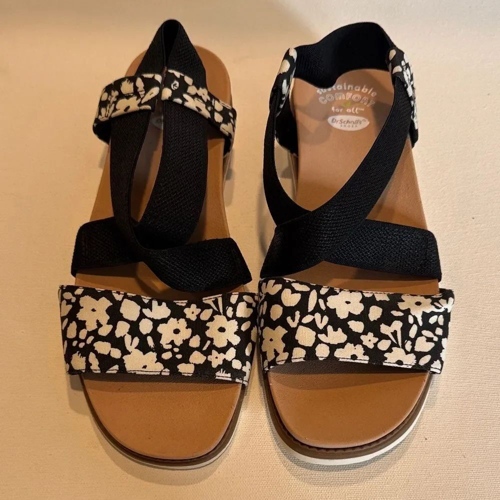 Dr. Scholl's Black and White Floral Elastic Strap Women's Sandals